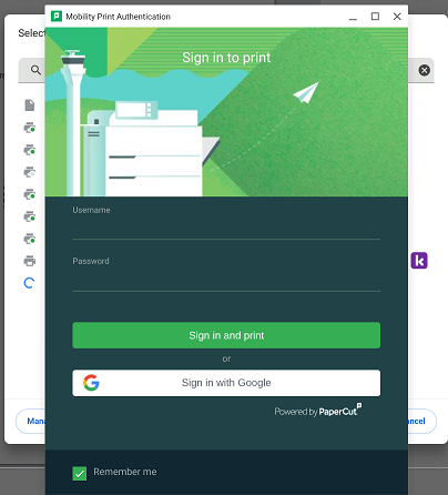Mobility Print Authentication screen.