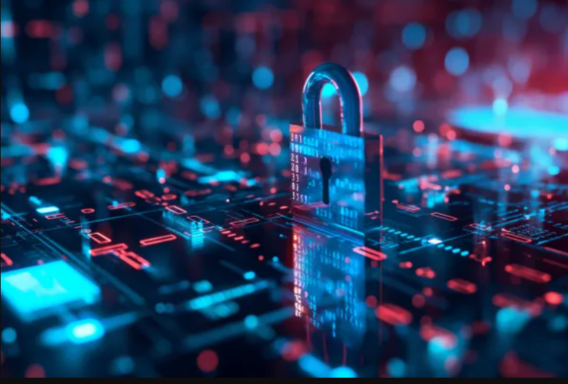 Cybersecurity themed image of a padlock over a circuit board.