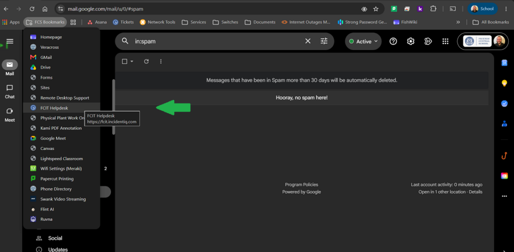 Screenshot of the FCS Bookmarks list in Chrome.