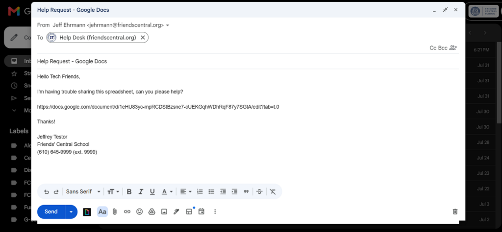 Demonstrating how to send an email to Help Desk.