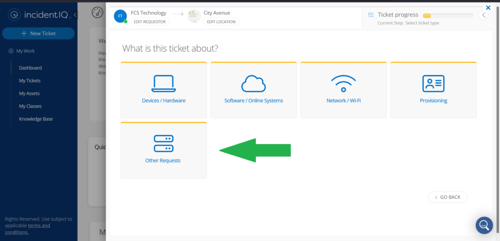 Picture of the first window when starting a new ticket.