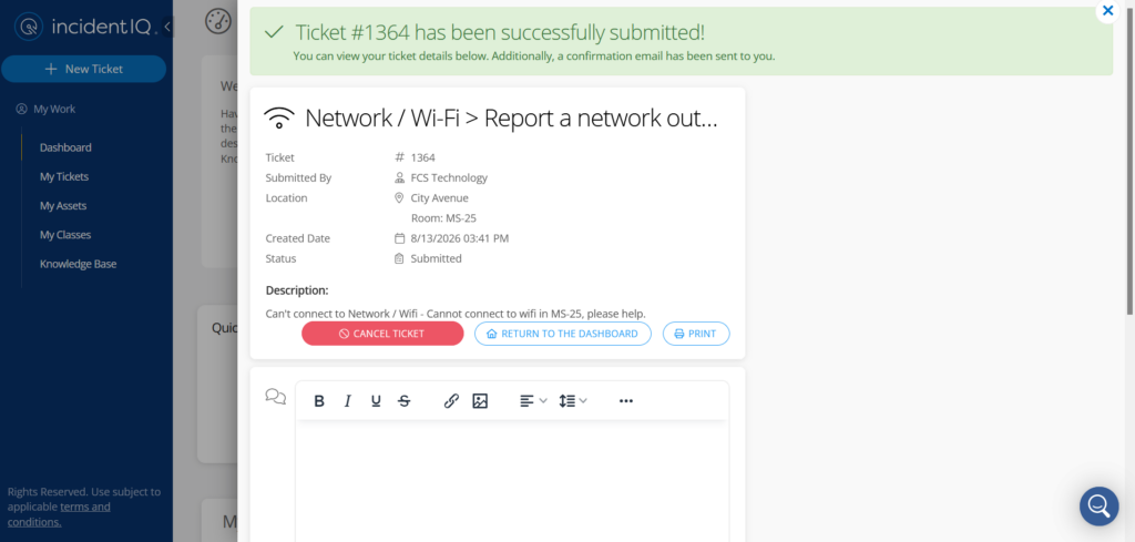 Picture of a successful ticket submission in IIQ.