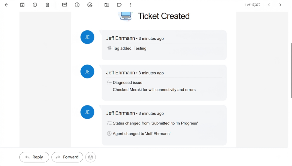 Picture of the email received after submitting a ticket.