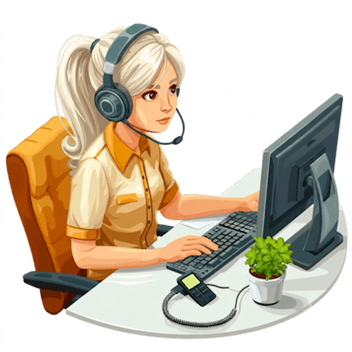 Picture of a woman sitting at a desk with computer and headset provided tech support.